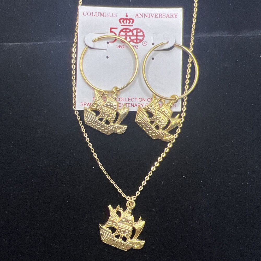 500th Columbus Anniversary Necklace‎ And Earrings 1492-1992 Gold Costume Jewelry